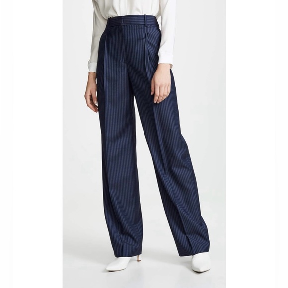 Theory Pants - Theory Pleated High Rise Wide Leg Wool Trouser Pants Navy Sapphire Pinstripe